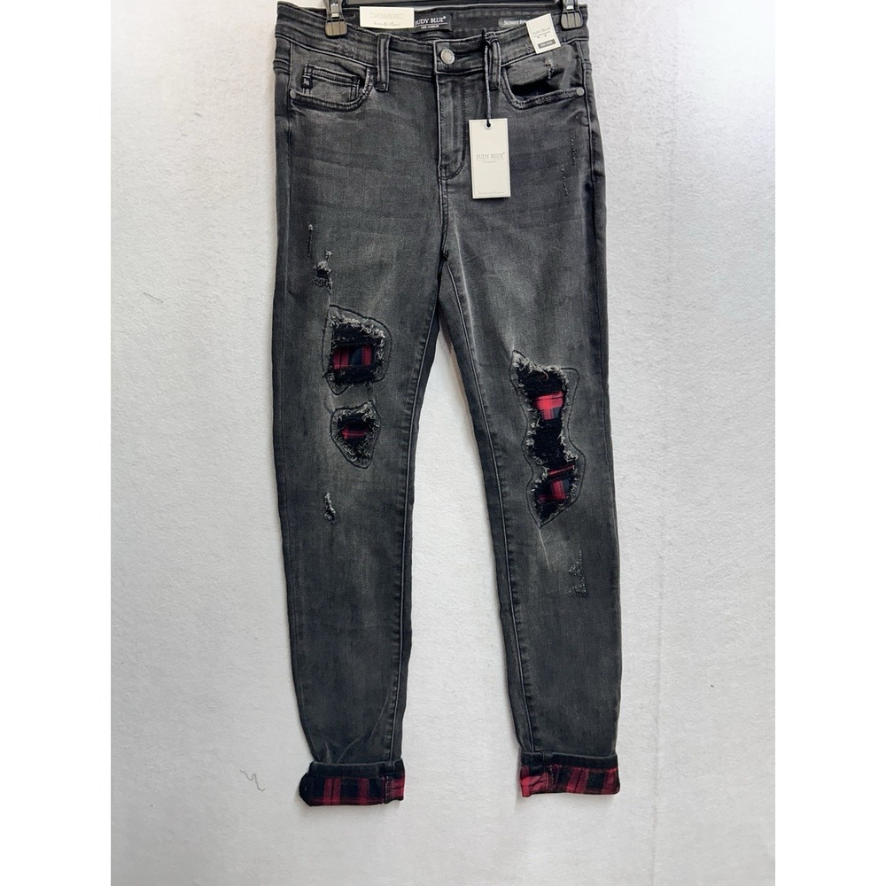 Judy Blue Gray Dark Wash Distressed Skinny Jeans Plaid Cuff Mid Rise 5/27
